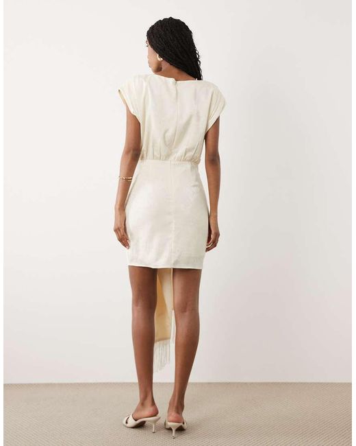 Pretty Lavish Natural Hattie Jacquard Cap Sleeveless Fringe Tie Detail Mini Dress