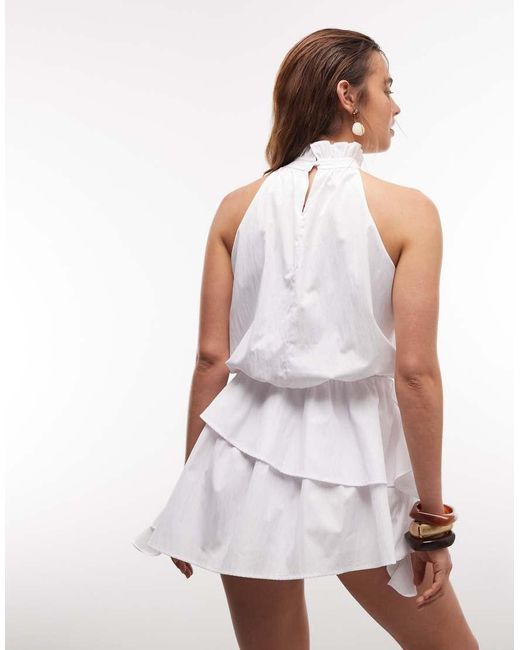 Aria Cove White High Neck Frill Detail Tiered Drape Detail Mini Dress