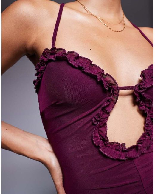 Princess Polly Purple Soulina Mesh Ruffle Edge Plunge Side Slit Maxi Dress
