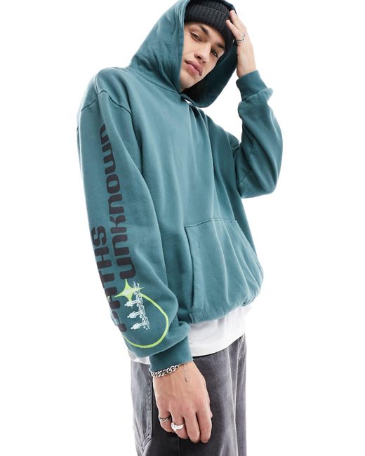 ASOS Blue Oversized Hoodie With Large Back Print And Hood Embroidery for men