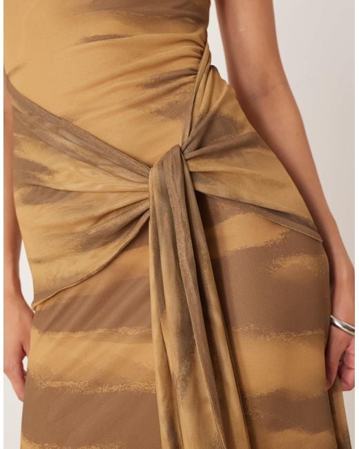 ASOS Brown Printed Mesh With Draped Sash & Belt Maxi Dress