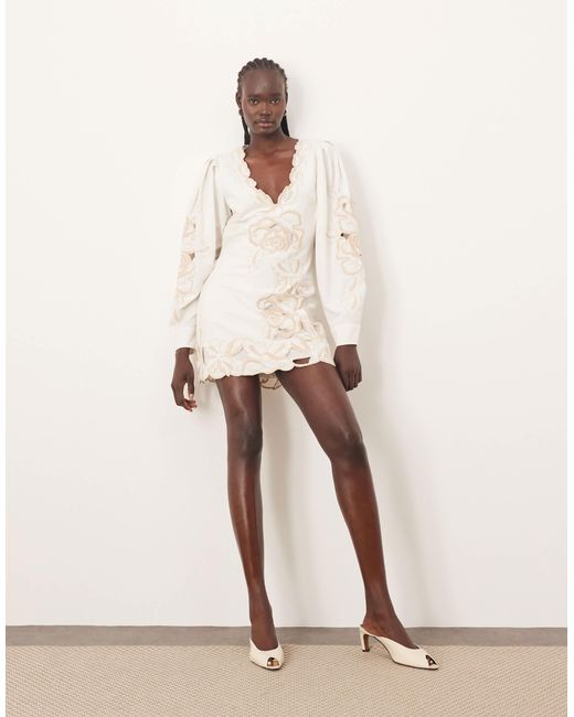 ARRANGE Natural Placed Floral Cut Work Volume Sleeve Mini Dress
