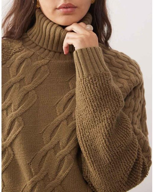 Reclaimed Vintage Brown Unisex Mixed Cable Knitted Roll Neck Jumper