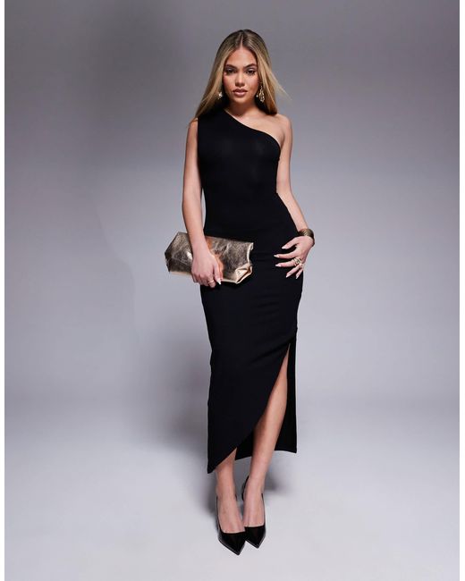 ASOS Blue One Shoulder Ruched Midi Dress With Twist Knot Detail And High Split
