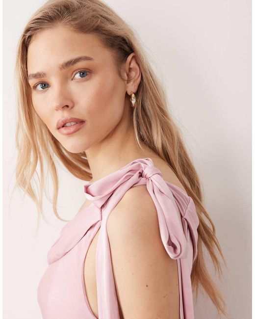 TFNC London Pink Bridesmaids Fallen Shoulder Satin Maxi Dress