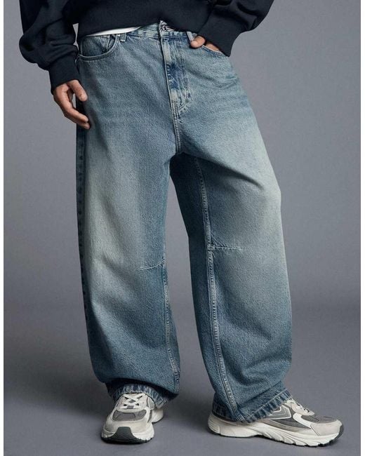Bershka Blue Neobarrel Jeans With Back Buckle for men