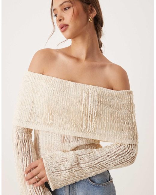 ASOS Natural Crochet Semi Sheer Bardot Top With Asymmetric Hem