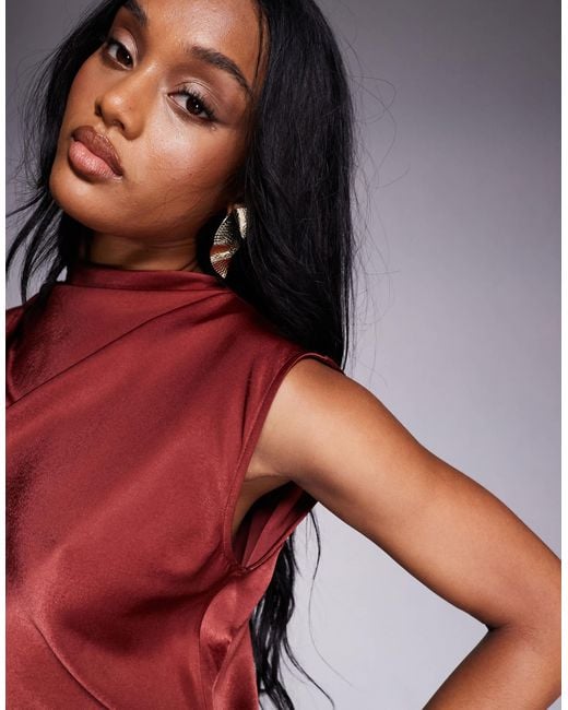 ASOS Red Asos Design Tall Satin High Neck Pleated Bodice Midi Dress