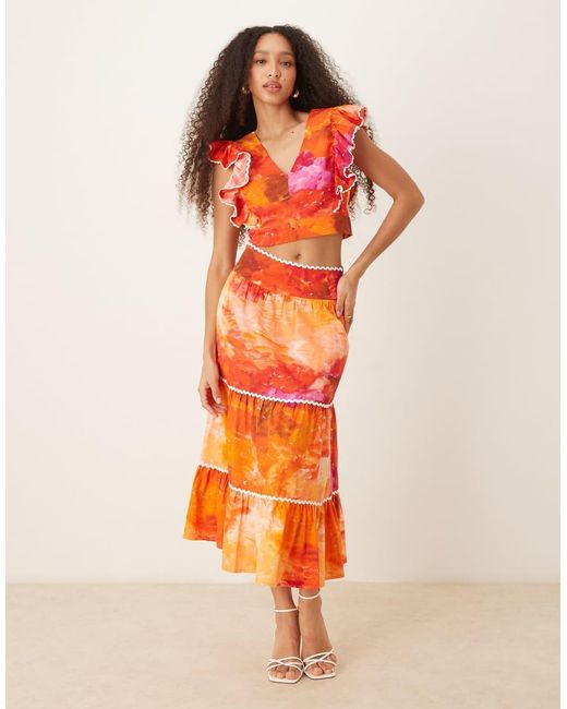 Hope & Ivy Orange Ruffle Sleeve Tie Back Cropped Top Co-Ord