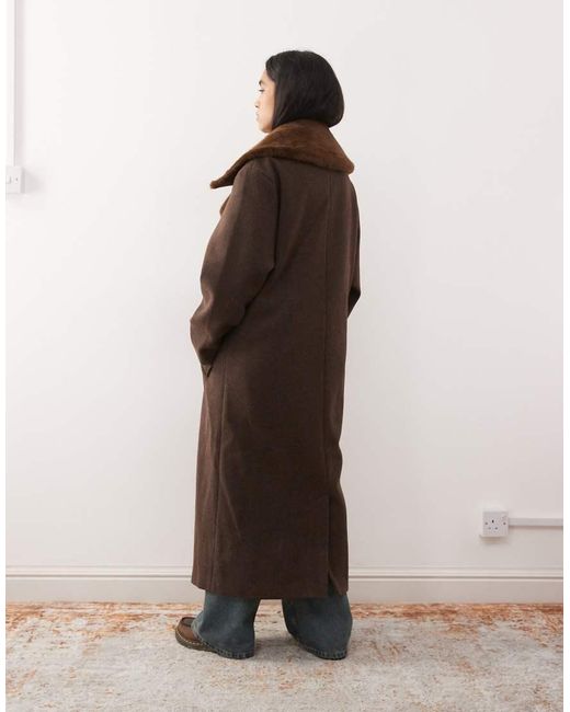 Reclaimed Vintage Brown Unisex Wool Look Formal Longline Coat With Faux Fur Collar