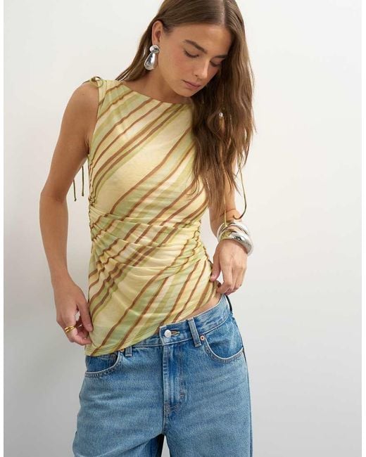 TOPSHOP Blue Mesh Stripe Ruched Shoulder Asymmetric Top