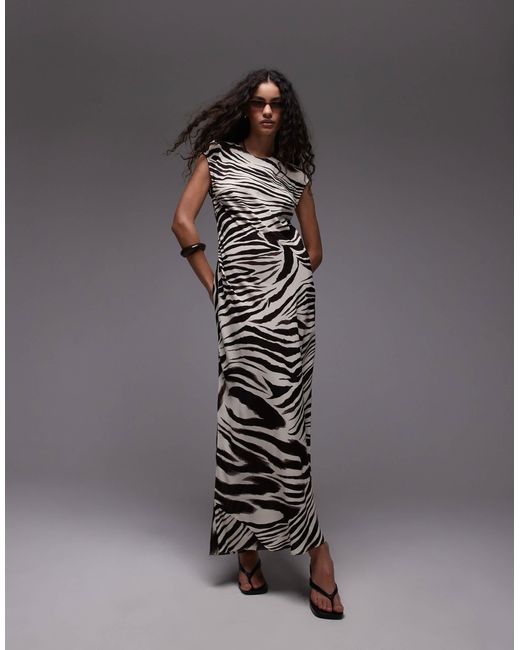 Mango Black Slash Neck Mixed Zebra Print Midi Dress