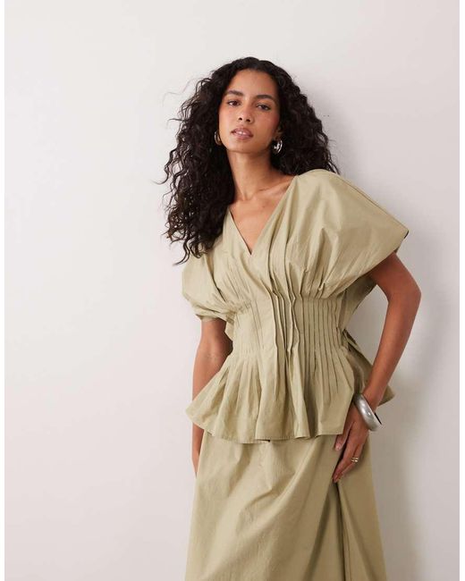 ASOS Natural V Neck Nipped Waist Peplum Maxi Dress