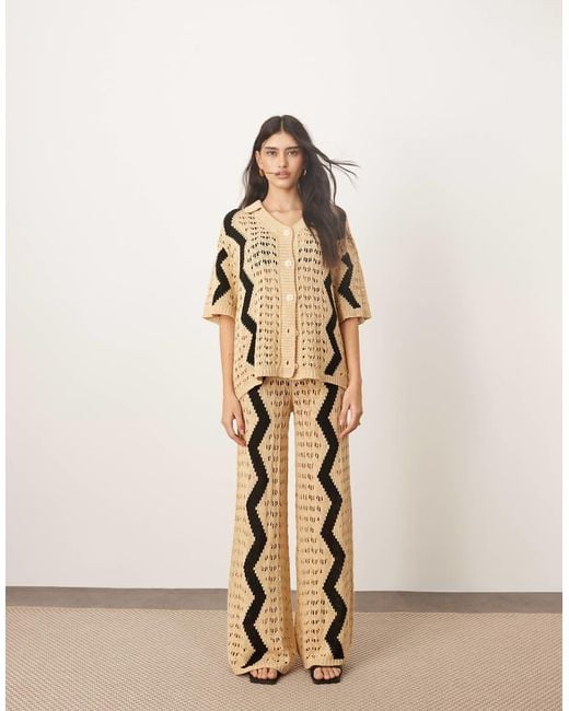 ARRANGE Natural Knitted Wide Leg Trouser Co-ord With Zig Zag