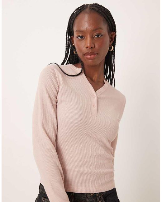 ASOS Shrunken Waffle Long Sleeve Henley Tee in Natural | Lyst UK
