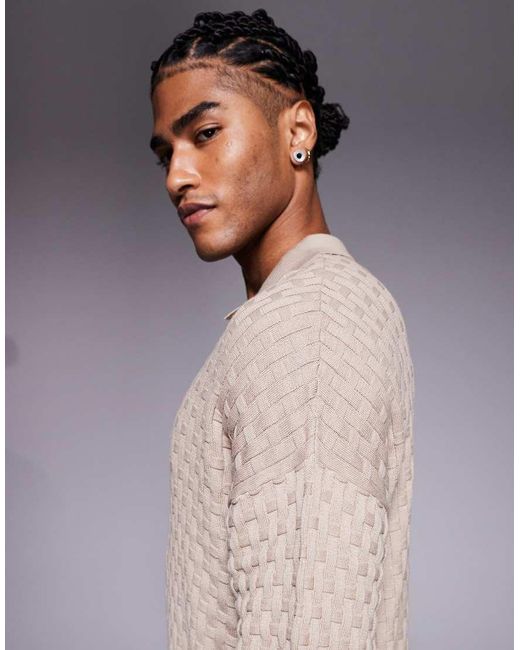 ASOS Natural Relaxed Knitted 3/4 Sleeve Textured Polo for men