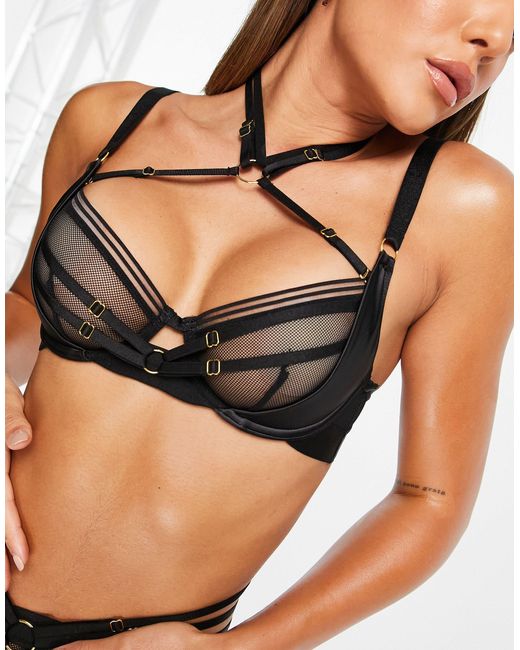 Ann Summers Black Forbidden Sheer Mesh Strappy Bra With Removable Neck Harness Detail