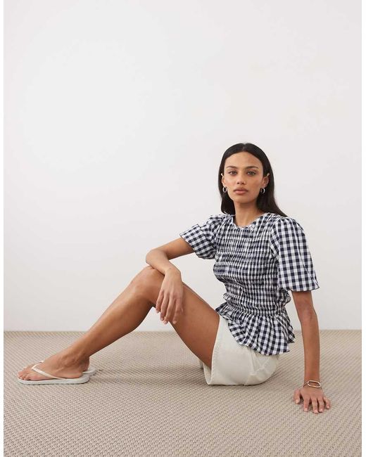 Threadbare Blue Textured Shirred Top With Puff Sleeves