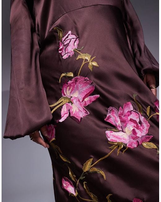 ASOS Purple Asos Design Curve Cowl Neck Floral Embroidered Bias Maxi Dress With Blouson Sleeve