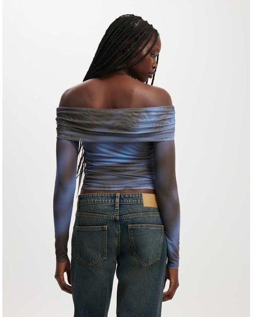 Cotton On Blue Ashley Off Shoulder Mesh Long Sleeve Top
