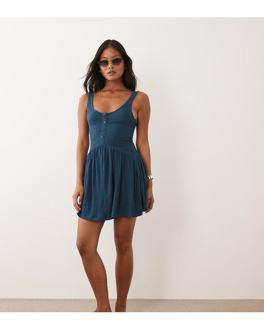 ASOS Blue Asos Design Petite Crinkle Button Through Mini Dress