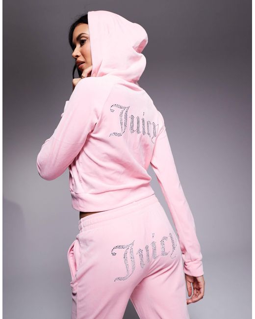 Sweat d'ensemble à capuche en velours avec fermeture éclair et logo à strass Juicy Couture en coloris Pink