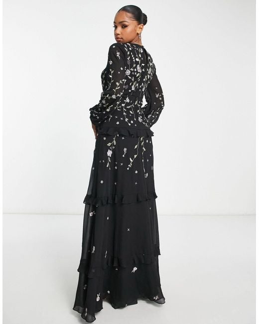 ASOS Floral Embroidered Maxi Dress With Tiered Skirt And Embellishment