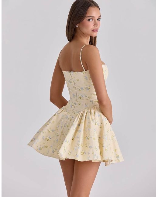 House Of Cb Natural Samaria Lemon Floral Print Cotton Corset Mini Dress