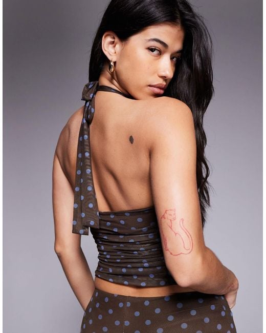 Kaiia Gray Exclusive Double Layered Slinky Mesh Halterneck Top Co-ord