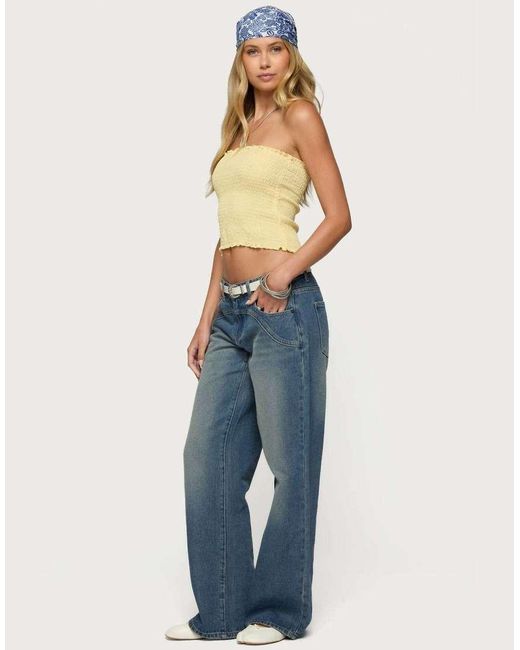 Edikted Blue Ronny Curved Stitch Low Rise Jeans
