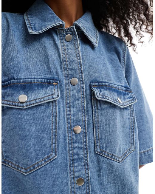 Vero Moda Blue Oversized Button Front Short Sleeve Denim Dress