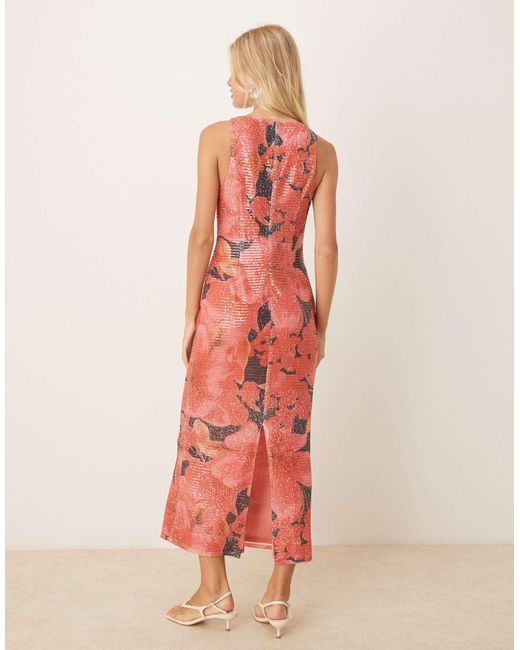 Pretty Lavish Orange – midaxi-kleid mit paillettenbesatz und überdimensionalem, buntem blumenmuster