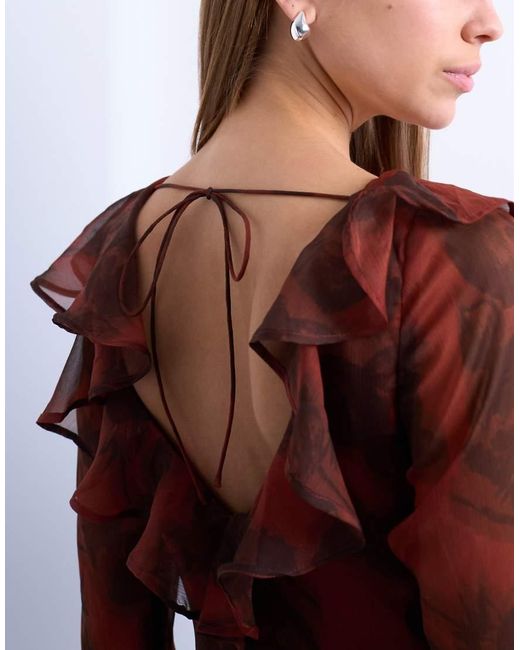 TOPSHOP Brown Long Sleeve Ruffle Maxi Dress