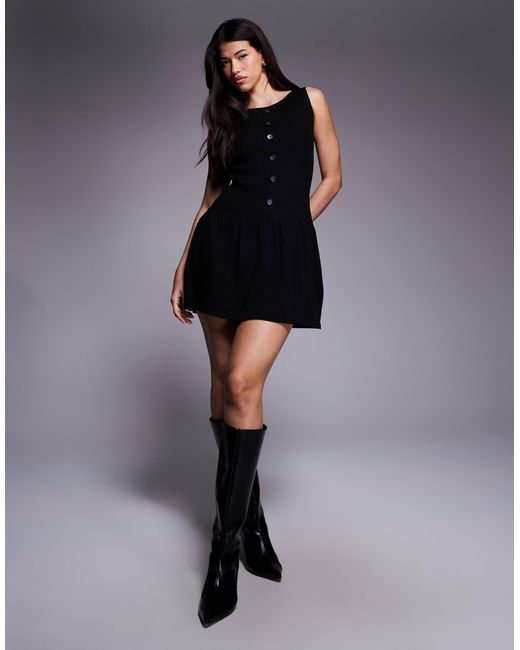 Kaiia Women's Black Exclusive Wide Neck Sleeveless Knitted Button Through Skater  Mini Dress