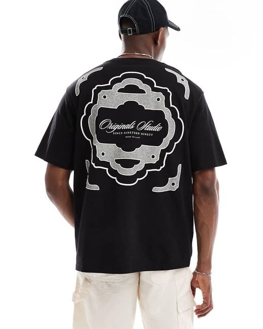 Camiseta Negra Extragrande Con Estampado "Originals" En La Espalda De Jack & Jones de hombre de color Black