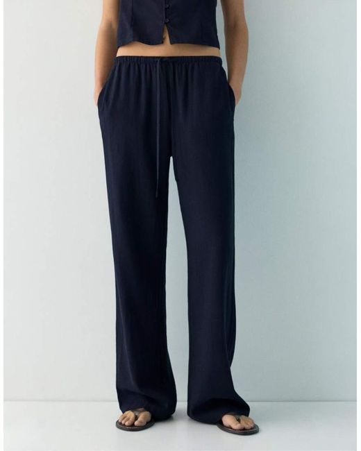 Pull&Bear Blue Flowing Viscose Linen Blend Trousers