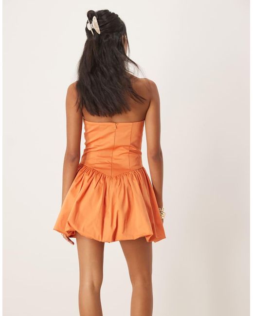 Vestido Corto Con Escote Palabra De Honor, Cintura Baja Y Bajo Abullonado De Mezcla De Algodón De Mango de color Orange