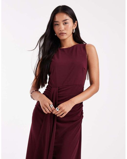 Six Stories Red Bridesmaids Stretch High Neck Sleeveless Maxi Dress With Ruched Front