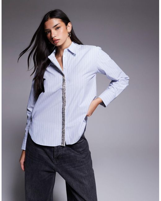 Chemise à rayures et bordure à strass River Island en coloris Blue