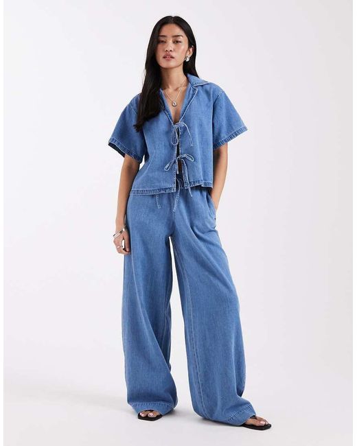 JJXX Blue Co-ord Linen Mix Drawstring Pull On Jeans