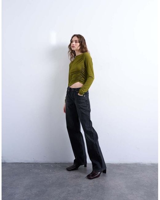 TOPSHOP Green Mesh Twisted Draped Long Sleeve Top