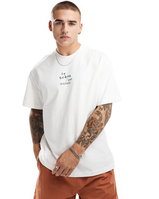 T-shirt squadrata écru con stampa di piante sul retro di Bershka in White da Uomo