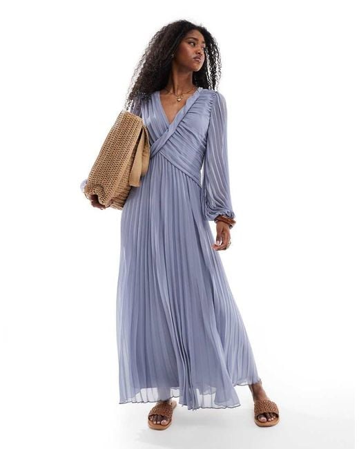 ASOS Purple Twist Detail Wrap Front Pleated Midi Dress