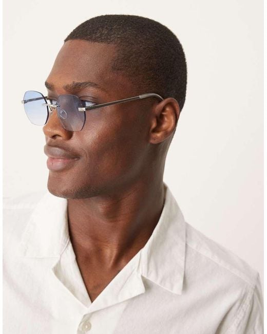 ASOS Brown Round Rimless Sunglasses With Blue Ombre Lenses And Temples for men
