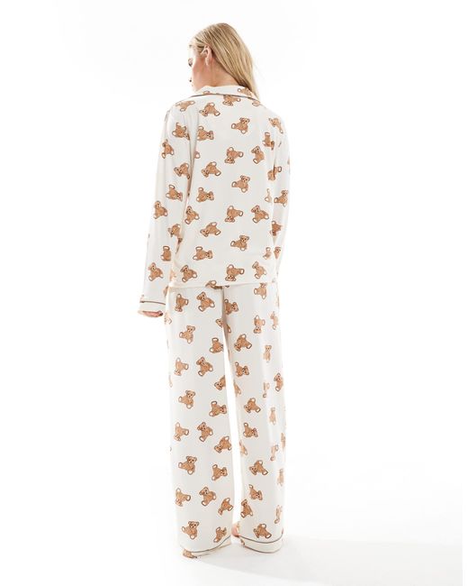 Loungeable White Petite Super Soft Jersey Revere Top And Wide Leg Pyjama Set With Piping Detail