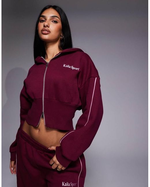 Kaiia Purple Sport Cotton Rich Embroide Logo Cropped Zip Up Hoodie Co-ord