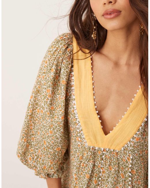 Free People Natural Ditsy Floral Puff Sleeve Boho Mini Dress