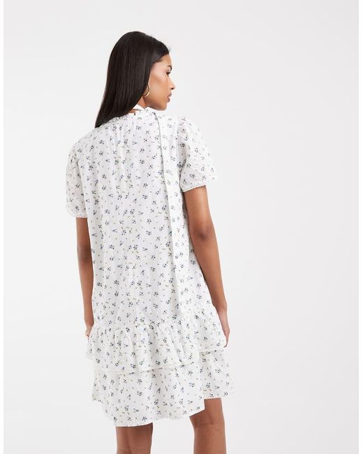 Vero Moda White Poplin Tie Waist Lace Trim Ruffle Hem Mini Dress