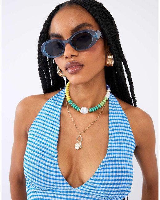 River Island Blue Gingham Halter Neck Top