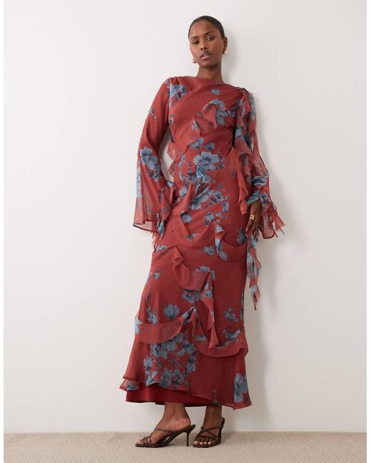 ASOS Red Draped Raw Edge Ruffle Trim Long Sleeve Maxi Dress